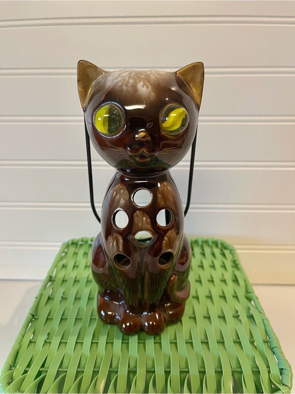 Inarco Redware Drip Halloween Cat Yellow Marble Eye Lantern Votive Candle Holder